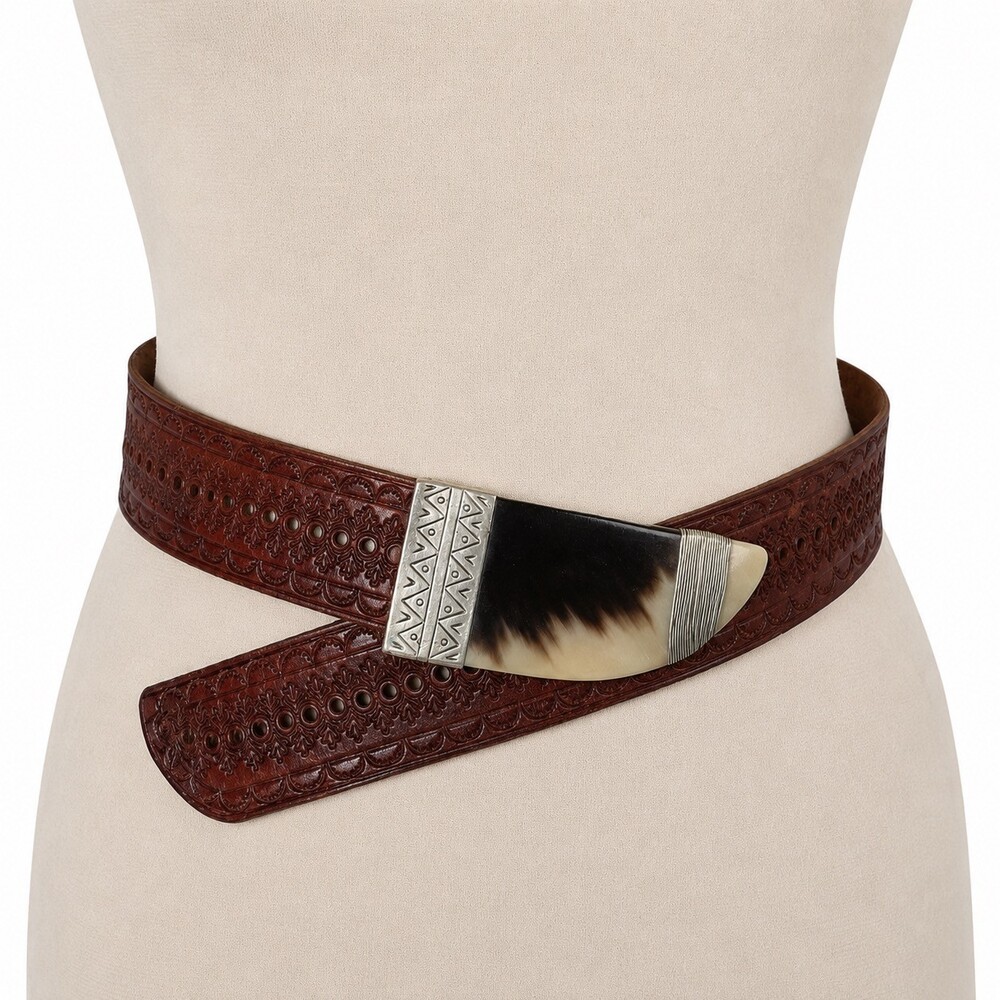 Vintage 90s Moroccan Tooled Leather Wrap Belt Horn Buckle Womens M Boho